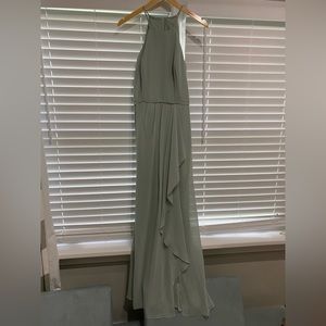 David’s Bridal high-neck chiffon bridesmaid dress with cascade in dusty sage